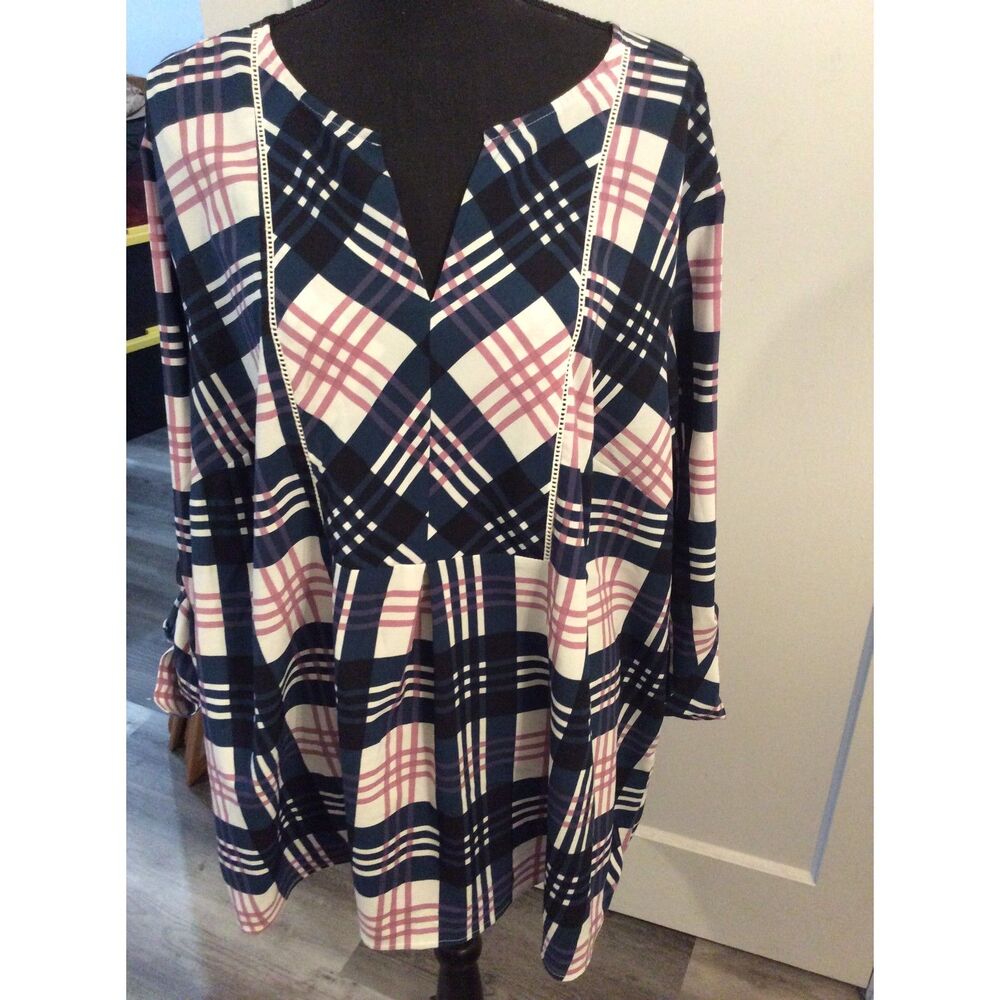 Lane Bryant 26/28 Plaid Pink Blue Tunic Adjusted Sleeve